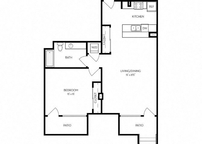 Floor plan for 1 bed, 1 bath, 874 sqft