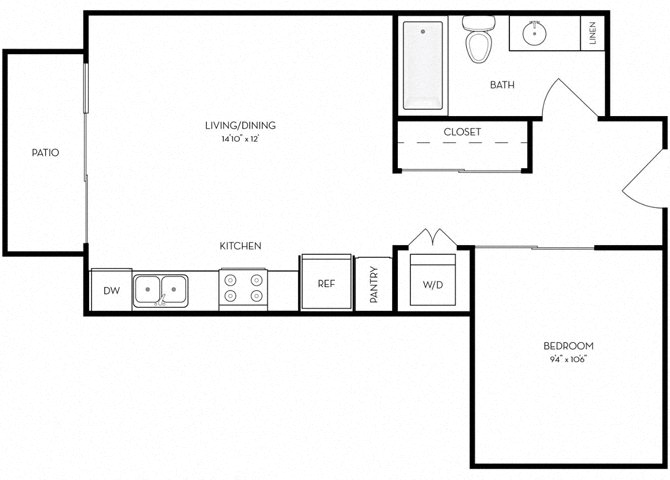 Floor plan for studio, 1 bath, 523 sqft