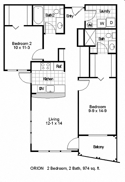 Floor plan for 2 beds, 2 baths, 974 sqft