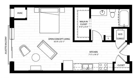 Floor plan for studio, 1 bath, 536 sqft
