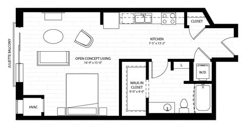Floor plan for studio, 1 bath, 556 sqft