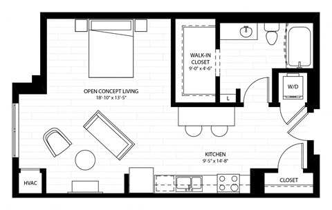 Floor plan for studio, 1 bath, 610 sqft