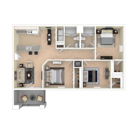Floor plan for 3 beds, 2 baths, 1168 sqft