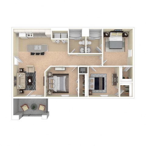 Floor plan for 3 beds, 2 baths, 1168 sqft