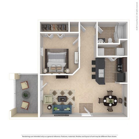 Floor plan for 1 bed, 1 bath, 725 sqft