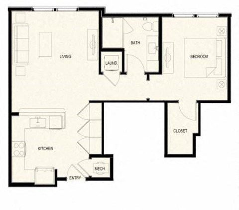 Floor plan for 1 bed, 1 bath, 792 sqft