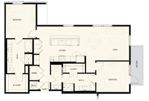 Floor plan for 2 beds, 2 baths, 1340 sqft