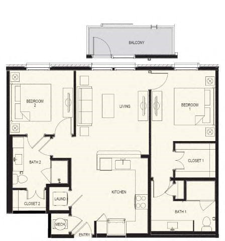 Floor plan for 2 beds, 2 baths, 1049 sqft