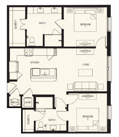 Floor plan for 2 beds, 2 baths, 1069 sqft