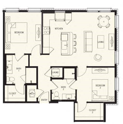Floor plan for 2 beds, 2 baths, 1255 sqft