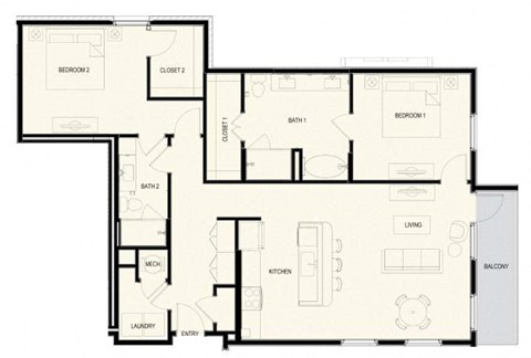 Floor plan for 2 beds, 2 baths, 1268 sqft
