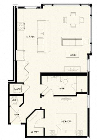 Floor plan for 1 bed, 1 bath, 968 sqft