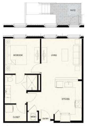 Floor plan for 1 bed, 1 bath, 725 sqft