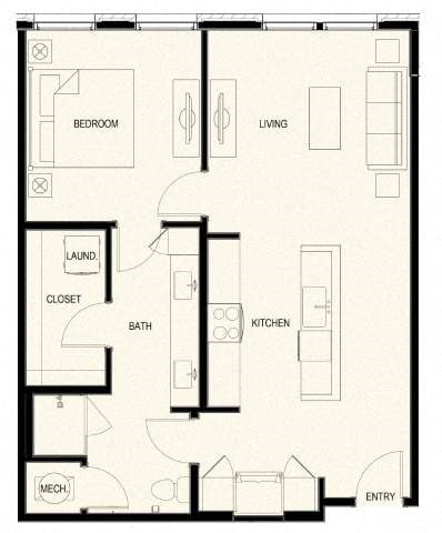 Floor plan for 1 bed, 1 bath, 829 sqft