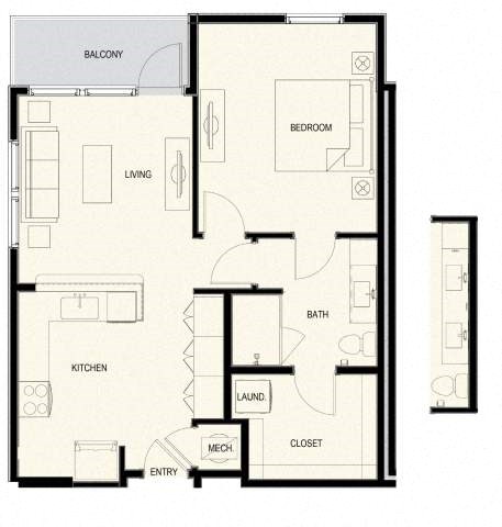 Floor plan for 1 bed, 1 bath, 840 sqft