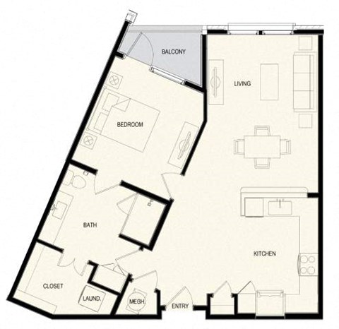Floor plan for 1 bed, 1 bath, 894 sqft