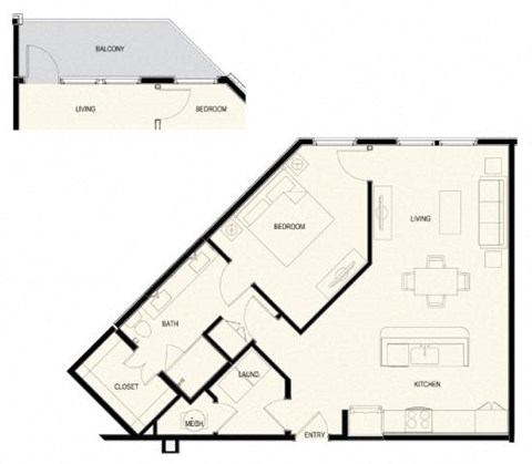 Floor plan for 1 bed, 1 bath, 911 sqft