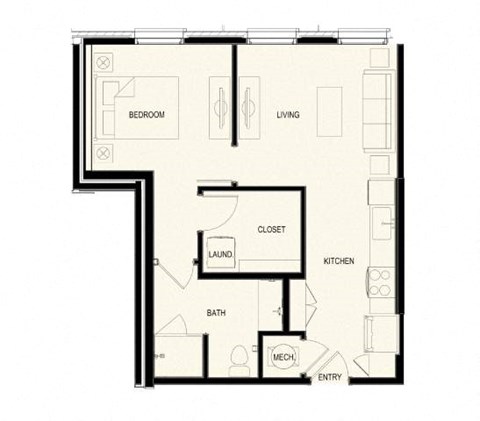 Floor plan for 1 bed, 1 bath, 636 sqft