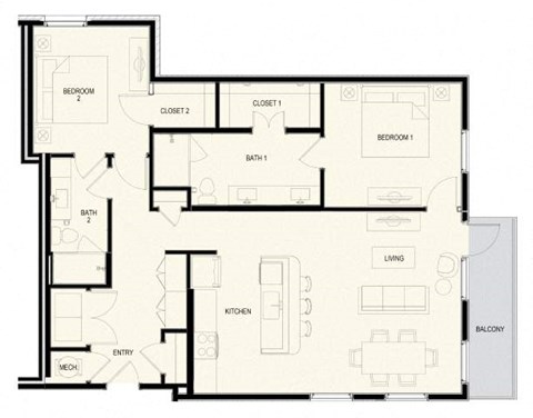 Floor plan for 2 beds, 2 baths, 1388 sqft