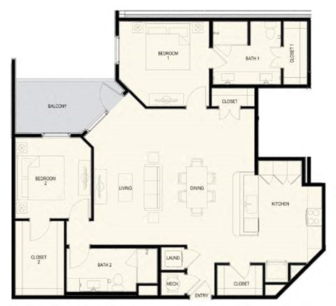 Floor plan for 2 beds, 2 baths, 1432 sqft