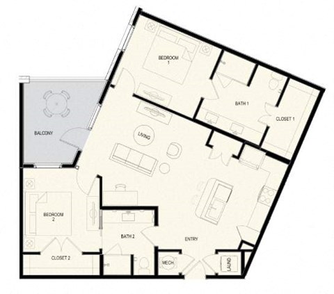 Floor plan for 2 beds, 2 baths, 1137 sqft