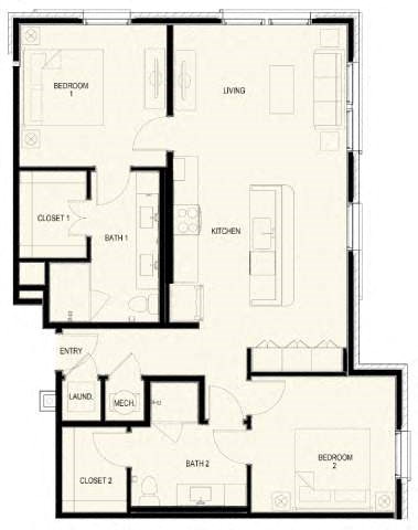 Floor plan for 2 beds, 2 baths, 1175 sqft