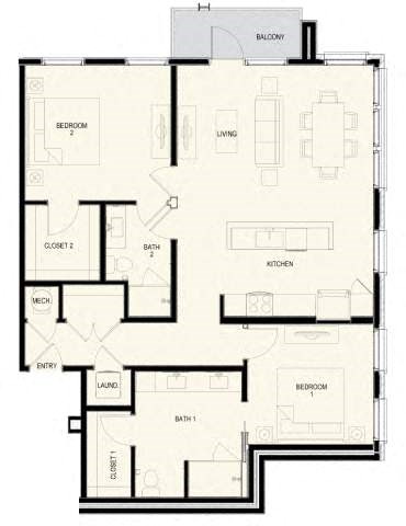 Floor plan for 2 beds, 2 baths, 1280 sqft