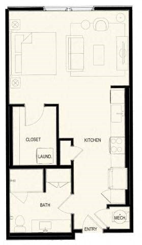 Floor plan for studio, 1 bath, 643 sqft