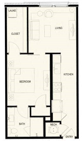 Floor plan for studio, 1 bath, 649 sqft