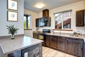 Olympia apartment for rent - a kitchen with wooden cabinets and a counter top