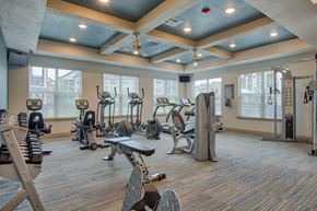 Bentonville apartment for rent - Apartments for Rent in Bentonville, AR 72713– Parc at Bentonville -   Gym with lifting equipment and cardio equipment with ceiling lights and glass windows