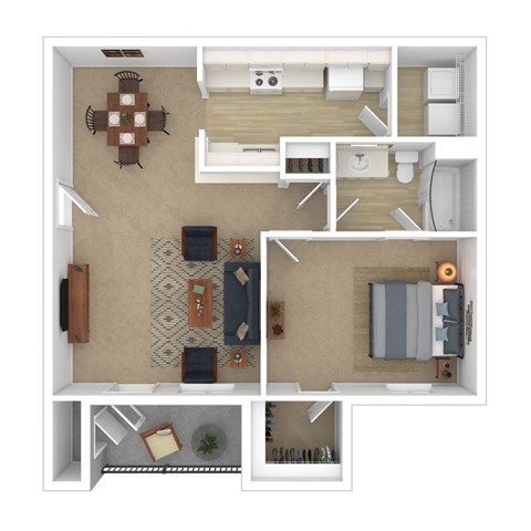 Floor plan for 1 bed, 1 bath, 729 sqft