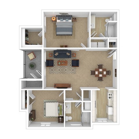Floor plan for 2 beds, 2 baths, 987 sqft