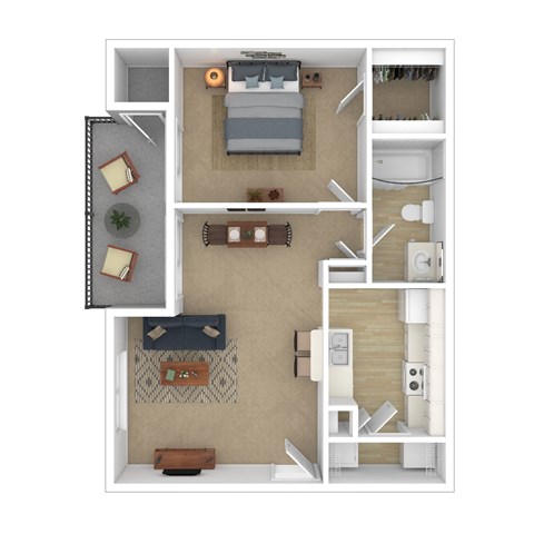 Floor plan for 1 bed, 1 bath, 640 sqft