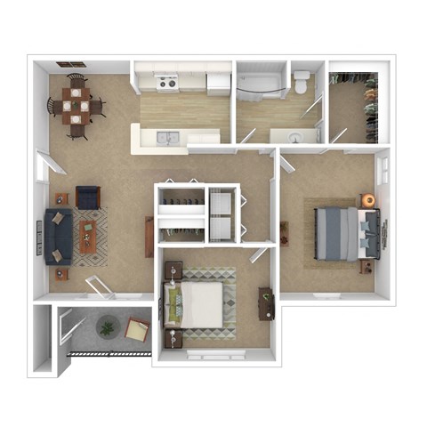 Floor plan for 2 beds, 1 bath, 896 sqft