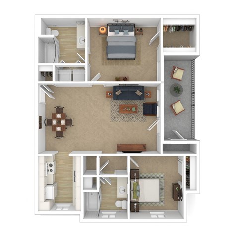 Floor plan for 2 beds, 2 baths, 917 sqft