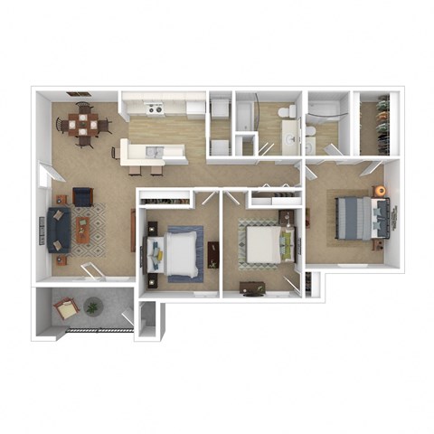 Floor plan for 3 beds, 2 baths, 1091 sqft