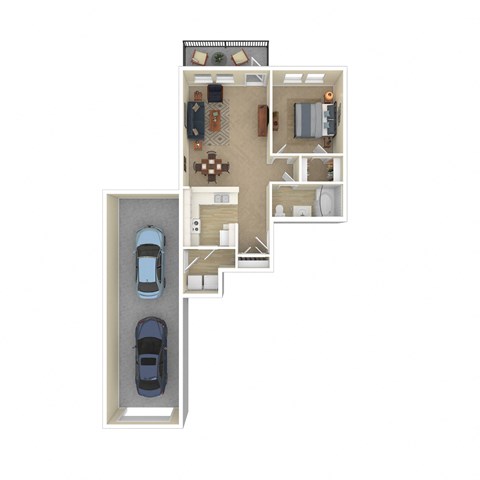 Floor plan for 1 bed, 1 bath, 734 sqft