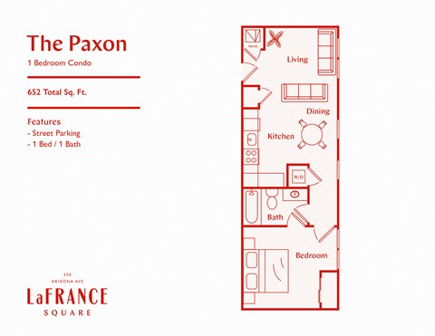 Floor plan for 1 bed, 1 bath, 688 sqft