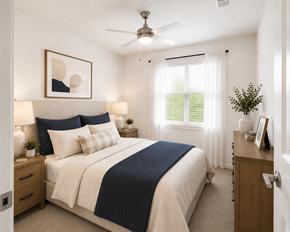 Clarkston apartment for rent - A bedroom with a bed, nightstand, and a ceiling fan.