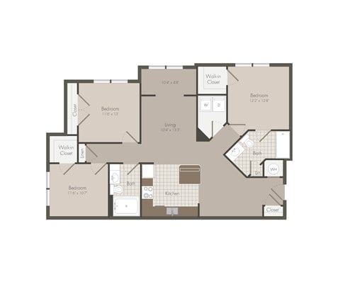 Floor plan for 3 beds, 2 baths, 1238 sqft