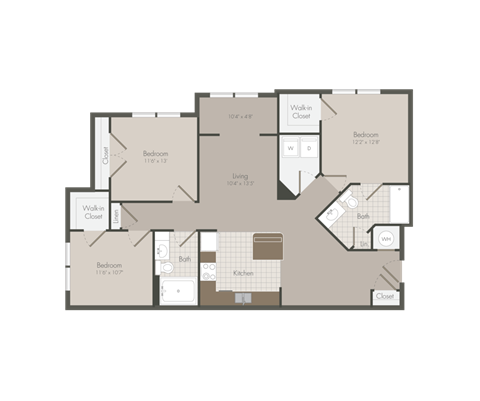 Floor plan for 3 beds, 2 baths, 1238 sqft
