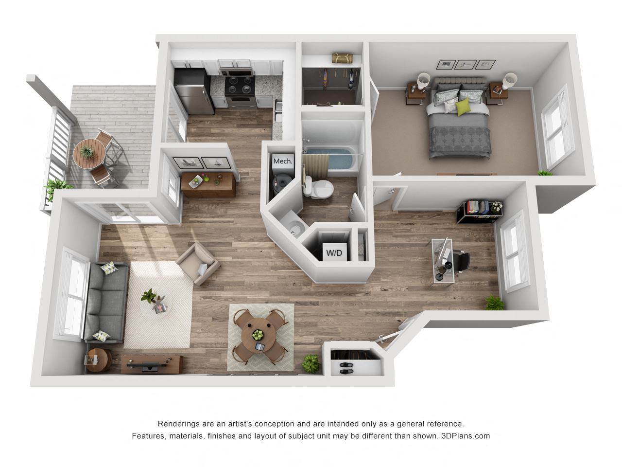 Floor plan for 1 bed, 1 bath, 830 sqft
