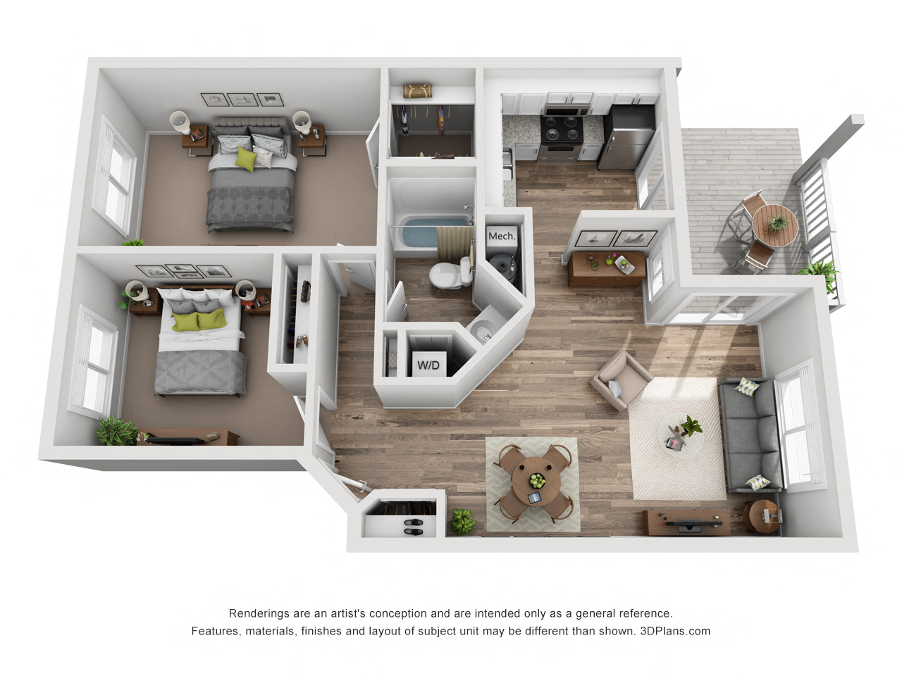 Floor plan for 2 beds, 1 bath, 875 sqft
