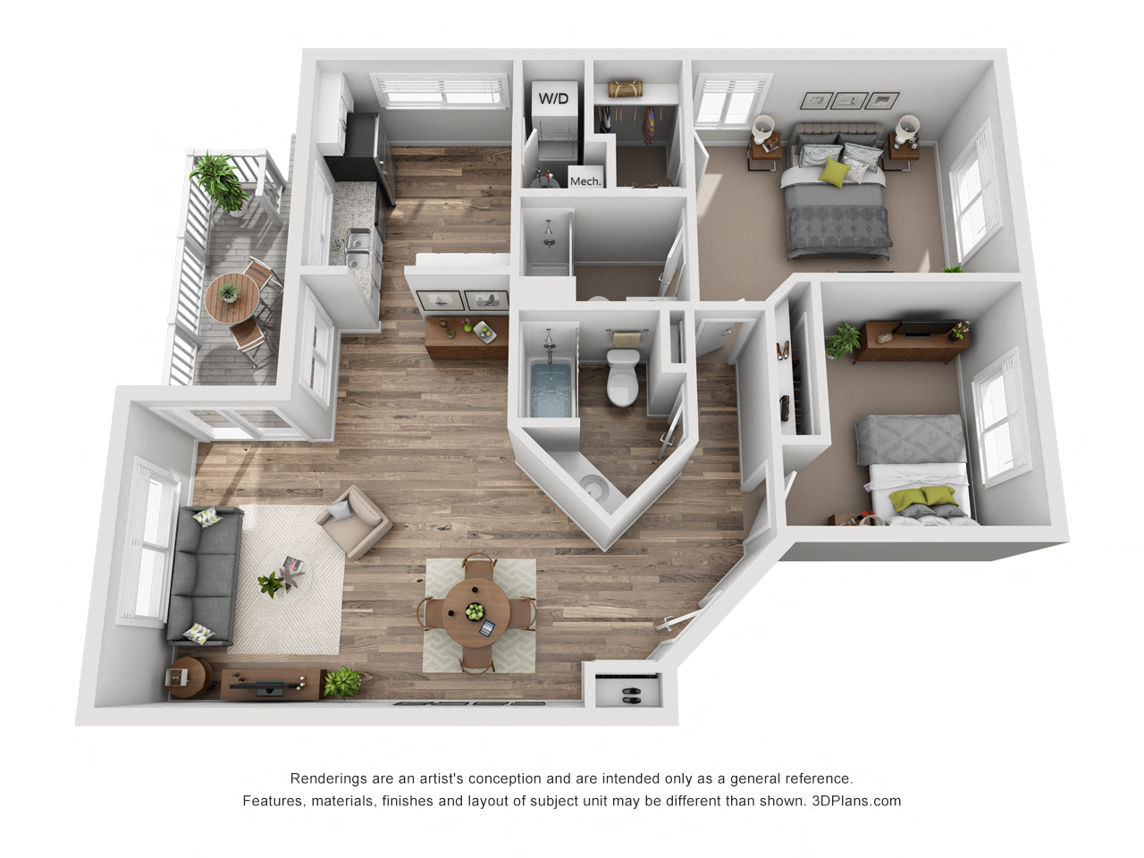 Floor plan for 2 beds, 2 baths, 1000 sqft