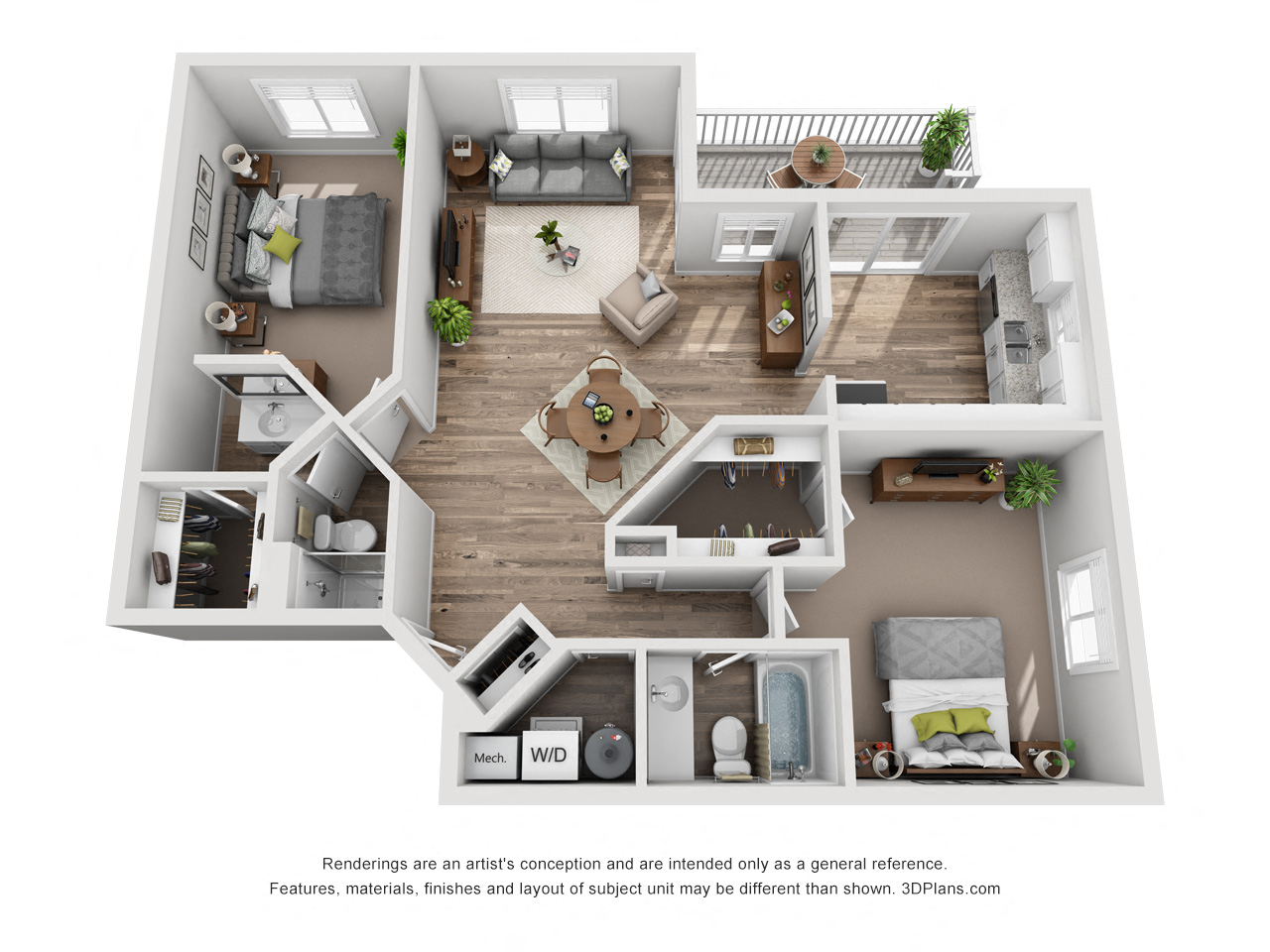 Floor plan for 2 beds, 2 baths, 1115 sqft