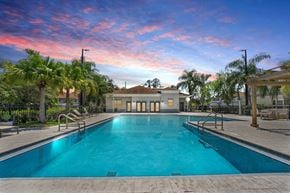 Kissimmee apartment for rent - A large swimming pool surrounded by palm trees and a building in the background.