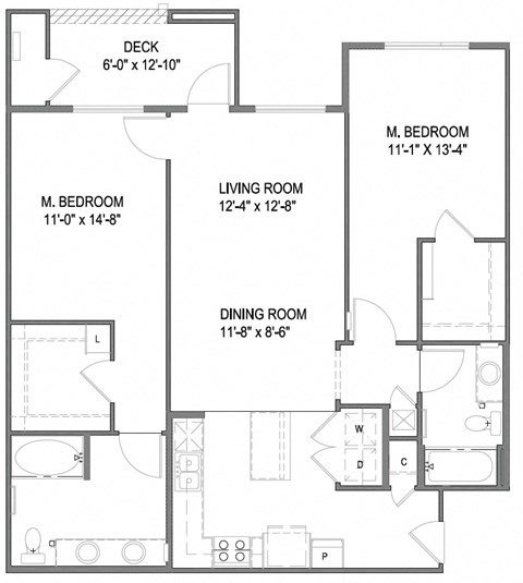 Floor plan for 2 beds, 2 baths, 1148 sqft