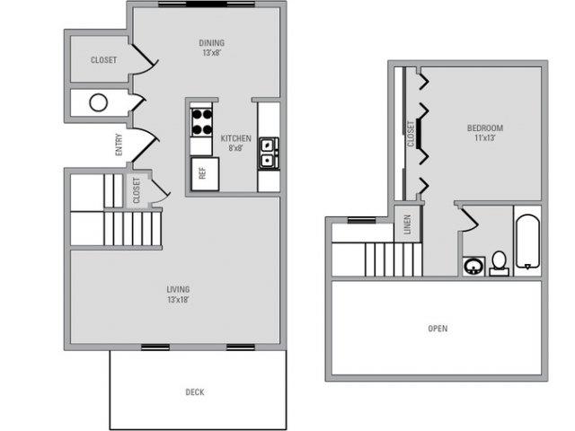 Floor plan for 1 bed, 1 bath, 734 sqft