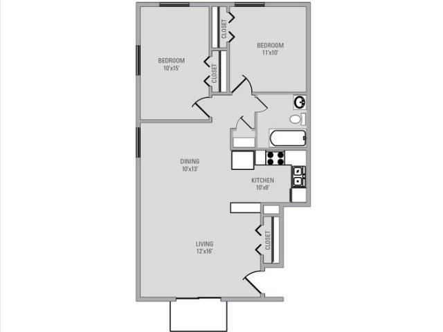 Floor plan for 2 beds, 1 bath, 850 sqft